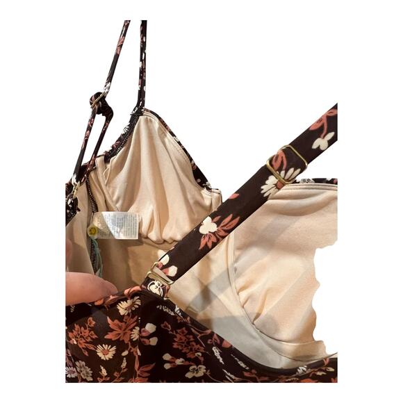 Kona Sol Size Medium Brown & Pink Floral One-Piece Swimsuit Built-In Bra NWT - Picture 3 of 9